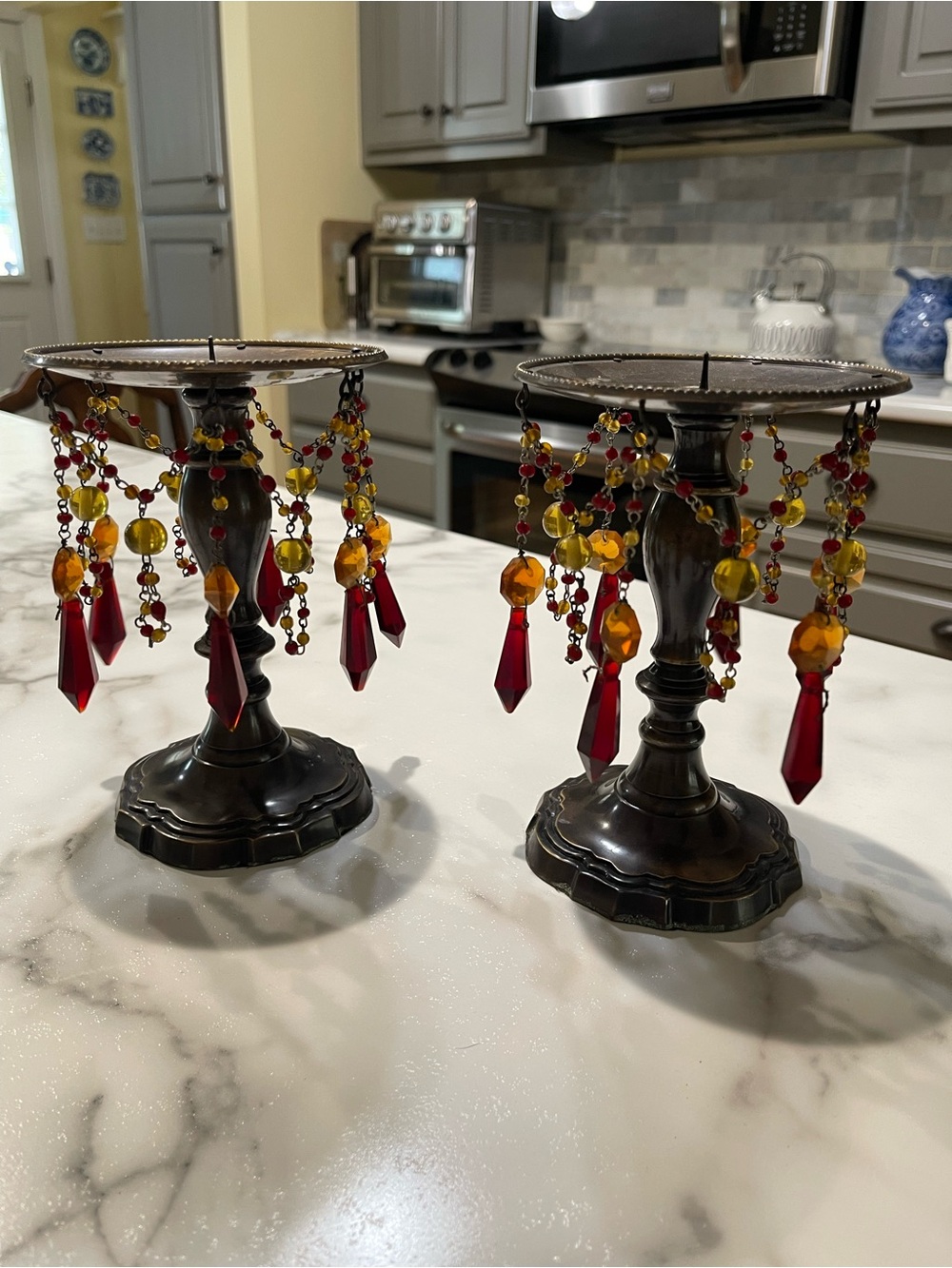 Z Gallerie Bronze Candlestands with Amber & Ruby Bead Drops